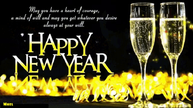 a happy new year greeting with two champagne glasses