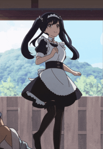 a girl in a maid costume is standing in front of a wooden fence