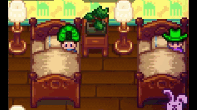 a pixel art drawing of two beds with a rabbit in the corner