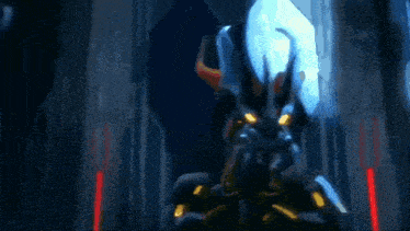 a cartoon character is flying through the air in a dark room with a blue light coming out of it .