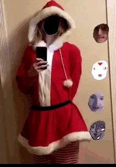a woman in a santa claus costume takes a selfie