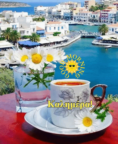 a cup of coffee sits on a saucer next to a vase of daisies and the words good morning