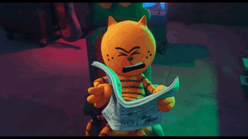 a cartoon cat is sitting in a chair holding a newspaper on his head