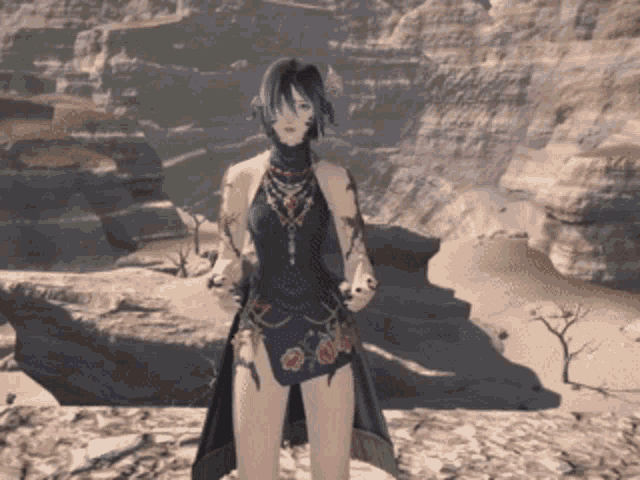 a woman with a flower in her hair stands in a desert