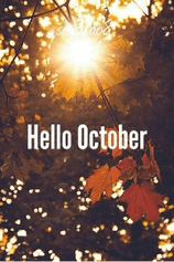 a picture of autumn leaves with the words hello october written on it