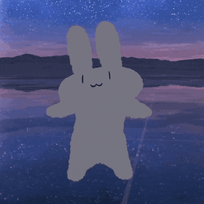 a white bunny with a smiley face is standing in front of a lake