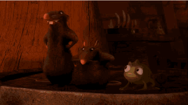 two cartoon mice and a lizard are standing next to each other
