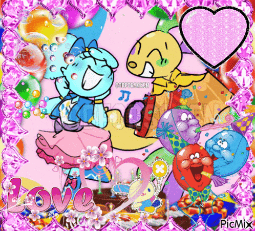 a picture of a couple of cartoon characters with the word love on it