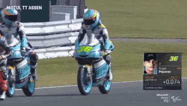 two motorcycle racers are on a race track and the number 36 is on the front of their bikes