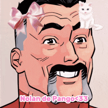 a cartoon of a man with a bow on his head and the name nolan de pango < 33 on the bottom