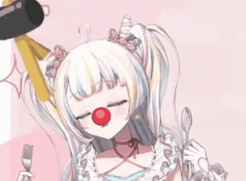 a girl with a red nose and a hammer on her head