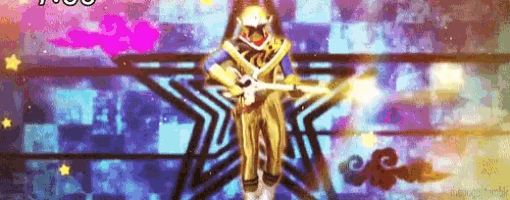a cartoon character is standing in front of a star with a sword in his hand .