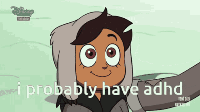 a cartoon character says " i probably have adhd " on the bottom