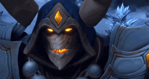a video game character with horns and a hood has orange eyes