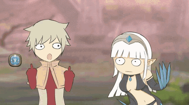 a cartoon drawing of a boy and a girl with a compass in the background