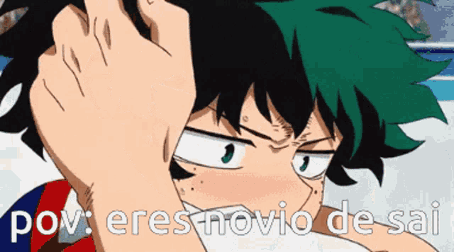 a close up of a person 's face with the words " pov eres novio de sai " below it