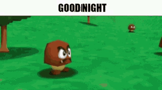 a cartoon character is walking on a grassy field with the words `` goodnight '' above him .
