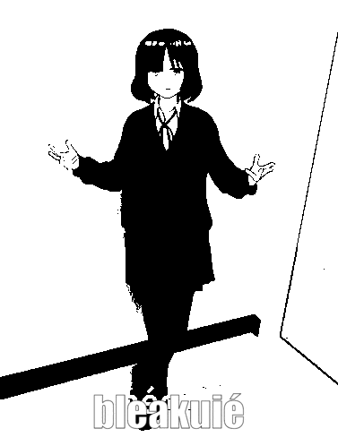 a black and white drawing of a person with the word bleakujie written below it