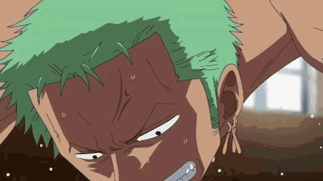 a close up of a cartoon character with green hair and earrings .