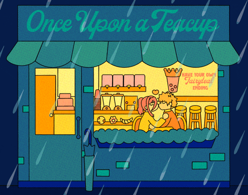 an illustration of a couple kissing in front of a store called once upon a tecup