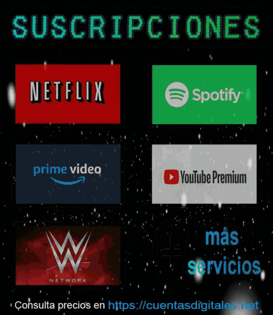 an advertisement for netflix prime video spotify youtube premium and wrestling network