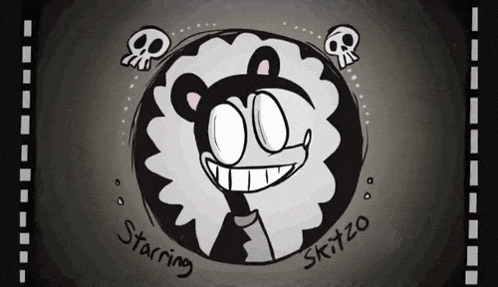 a black and white drawing of a bear with the words starring skitzo on the bottom