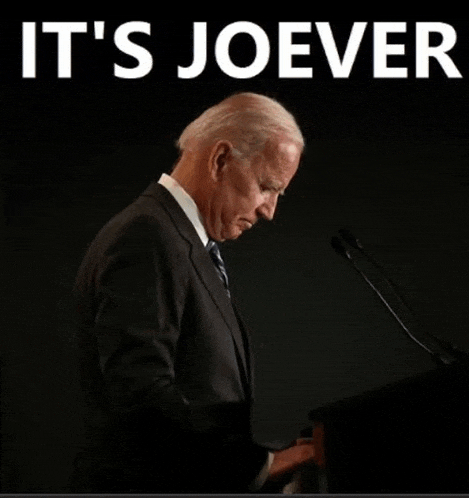 a man in a suit and tie stands at a podium with the words " it 's joever " written above him