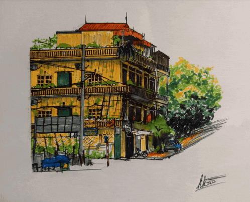 a drawing of a building with a sign that says ' hong '