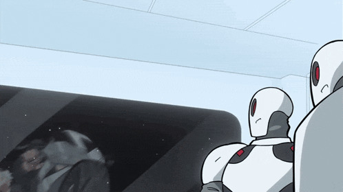 a cartoon of two robots standing next to each other in a room .