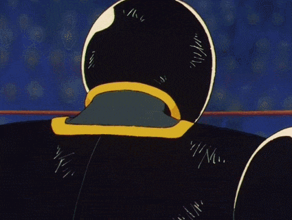 a cartoon character with red eyes is holding a pair of scissors