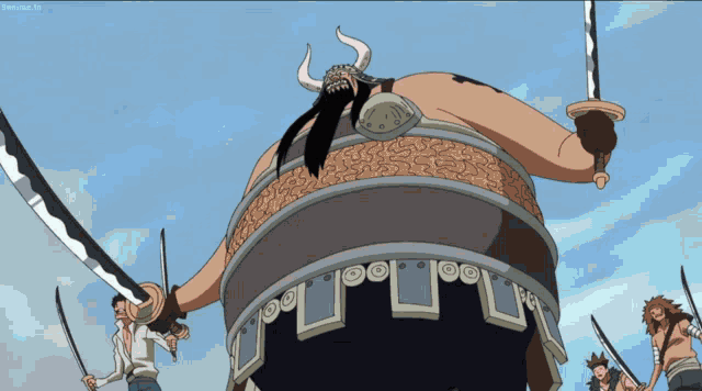 a group of people holding swords in front of a giant man with horns