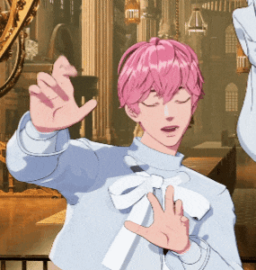 a girl with pink hair and a white bow on her shirt