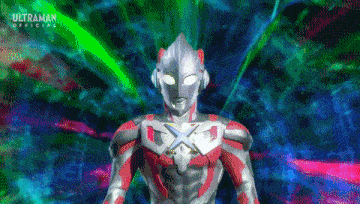 a cartoon character from the ultraman series is standing in front of a green light