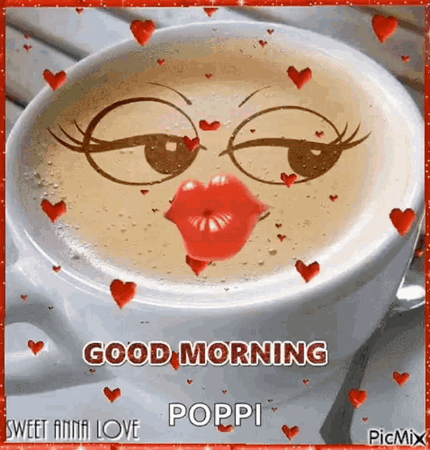a cup of coffee with a face drawn on it and hearts around it and the words `` good morning poppi '' .