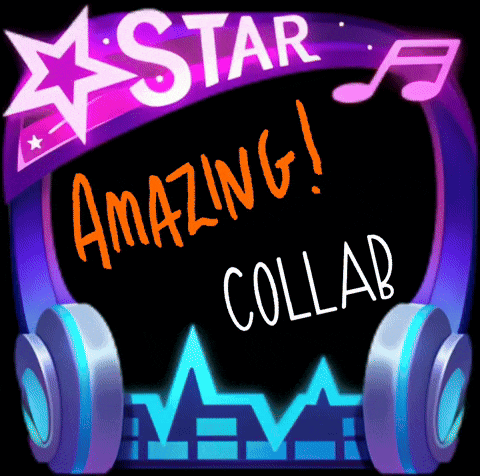 a sign that says star amazing collab with headphones in the background