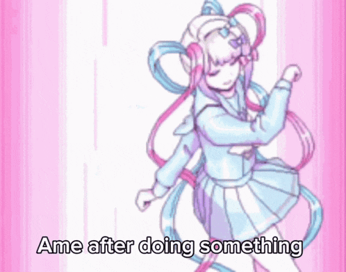 a pixel art of a girl with pigtails holding a hamster and the words " ame after doing something " below her