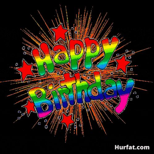 a colorful happy birthday sign with stars and fireworks behind it