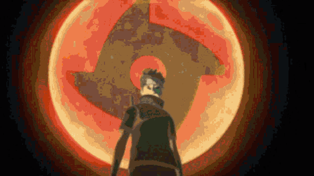 a man is standing in front of a circle of fire