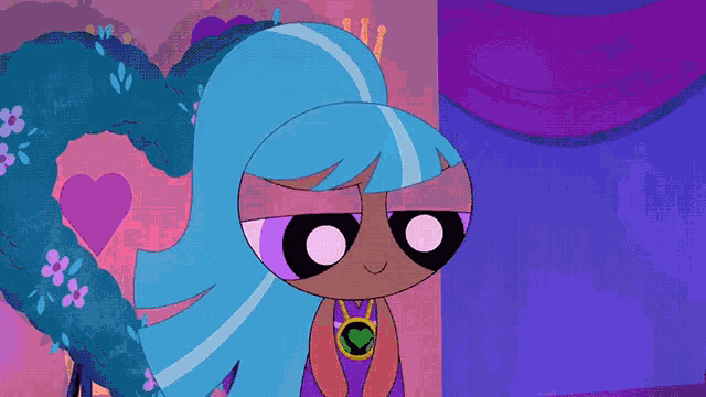 a cartoon character with blue hair and purple eyes is standing in front of a heart
