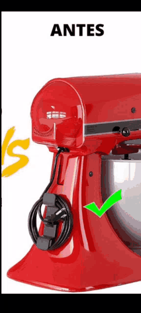 a red kitchen aid mixer with a green check mark on the side