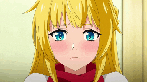 a blonde anime girl with blue eyes and a red scarf on her neck