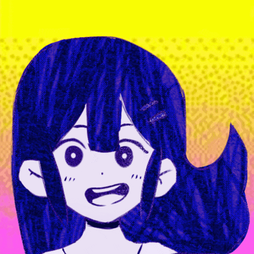 a cartoon girl with blue hair and a choker on her neck