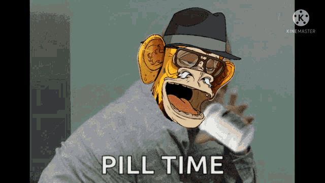a monkey with glasses and a hat is holding a bottle and says pill time