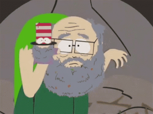 a cartoon character with a beard and glasses is holding a striped hat