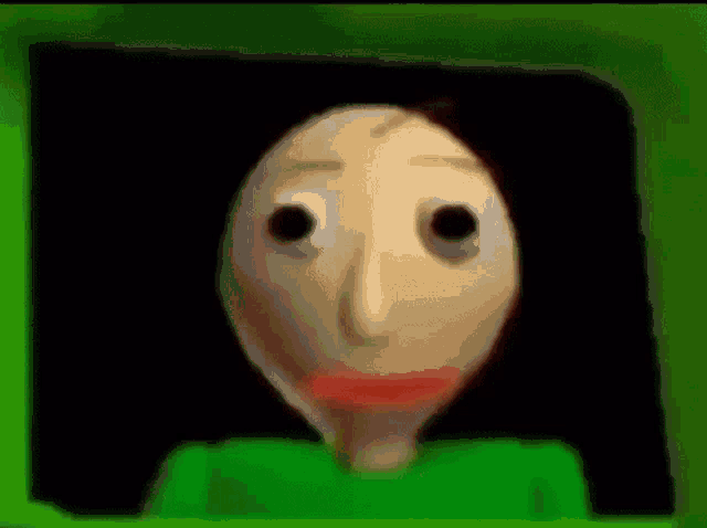 a cartoon character with big eyes and a green shirt is looking out of a green window .