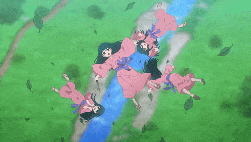 a group of anime girls in pink kimonos are falling down