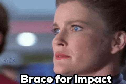a close up of a woman 's face with the words " brace for impact " above her