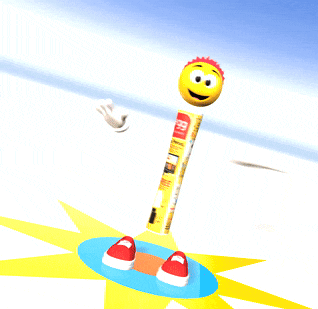 a cartoon character with arms and legs is holding a yellow can that says ' i ' on it