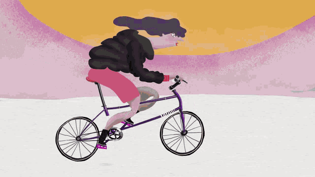 a cartoon of a woman riding a purple bicycle with a black jacket on
