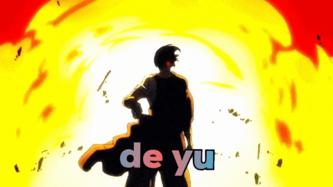a man is standing in front of an explosion and the word de yu is on the screen